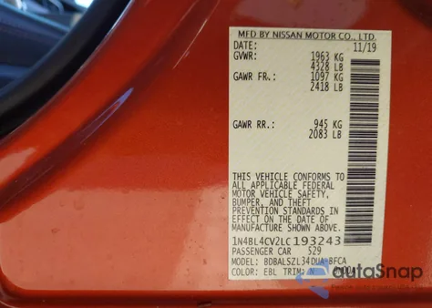 2020 Nissan Altima Sr Fwd z USA, uszkodzony, nr VIN 1N4BL4CV2LC193243